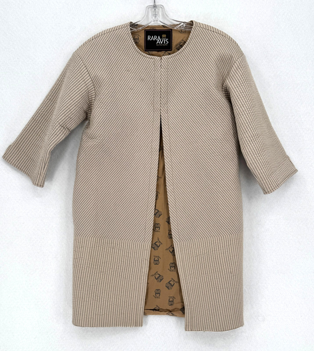 Rara Avis Iris Apfel Beige Diagonal Quilted Owl Pattern 3/4 Sleeve Overcoat